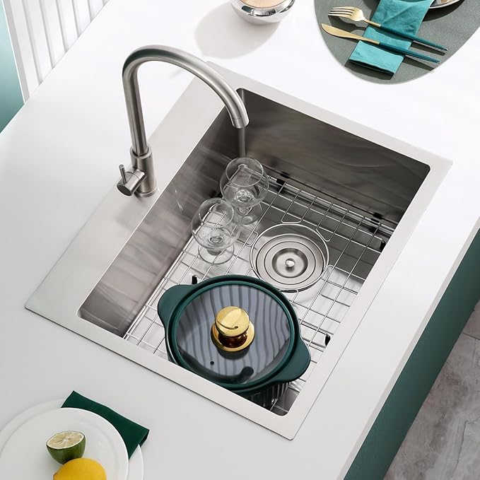 Kitchen Sink, 24x18 Inch Drop in Sink, Commercial Grade 304 Stainless Steel Kitchen Sink, Centre-Offset Drain, 9" Deep Single Bowl Kitchen Sinks, Brushed(Inclued Drain Strainer & Bottom Grid)