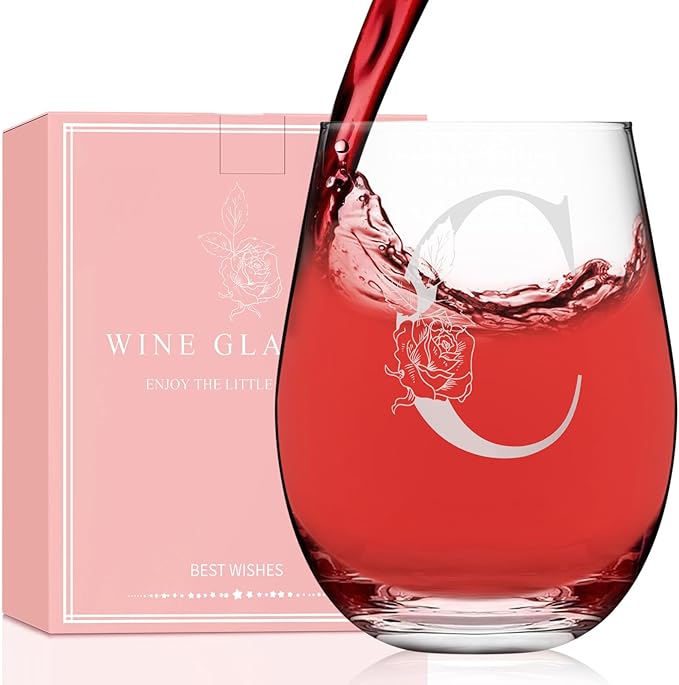 Valentines Day Gifts for Her, Gifts for Women Her Friend Mom Grandma Wife Sister Bridesmaid Nurse, Birthday Galentines Mothers Day Christmas, Personalized Initial Customized Wine Glasses 18OZ(C)