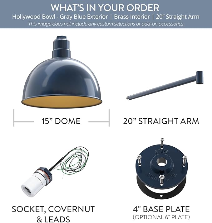 Steel Lighting Co. Hollywood Bowl Light | Outdoor Wall Mounted | 15 inch Bowl Dome | 20" Straight Arm | Barn Light Made in America | Gray Blue Exterior/Brass Interior