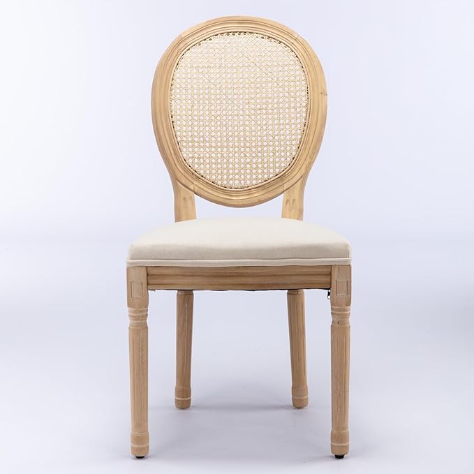 Ball & Cast French Vintage Upholstered Dining Chairs Set of 2, Antique Painting Wooden Kitchen Side-Chairs with Rattan Back & Carved Solid Wood Frame, 2-Piece Curved Backrest Louis Chair, Beige