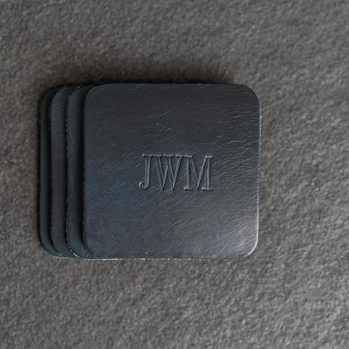 Ox & Pine Personalized Leather Coaster - Sold Individually or in Sets of 4 - Customize Inscription - 100% Full-Grain Leather – 4" Round or 4" Square (Square, Sienna, Set of 4 Coasters)