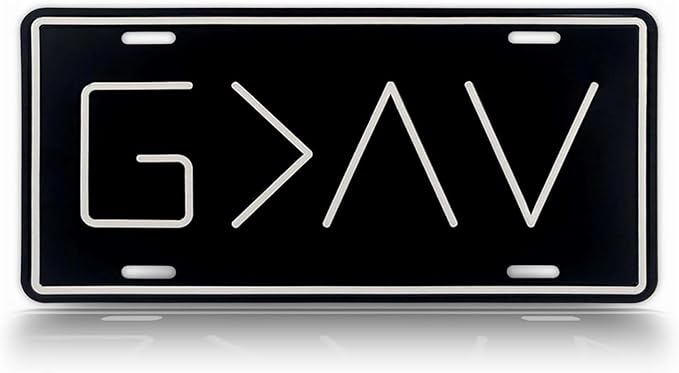 Autobase Black Metal Decorative Front License Plate (6" x 12") | Embossed G>^V - God is Greater Than The Highs and Lows | Vanity Car Tag for The Front of Vehicles