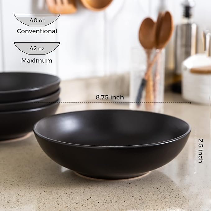 AmorArc 8.75‘’ Large Pasta Bowls, 42 ounce Deep Stoneware Bowls Set of 6 for Kitchen, Wide Bowl for Pasta/Salad/Fruit/Oatmeal/Soup, Microwave&Dishwasher Safe-Matte Black