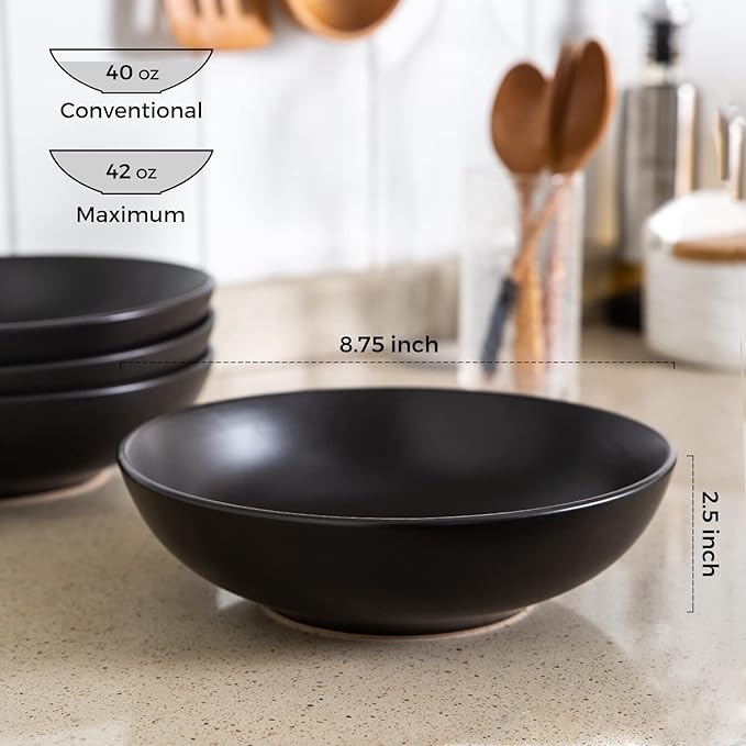 AmorArc 8.75‘’ Large Pasta Bowls, 42 ounce Deep Stoneware Bowls Set of 4 for Kitchen, Wide Bowl for Pasta/Salad/Fruit/Oatmeal/Soup, Microwave&Dishwasher Safe-Matte Black