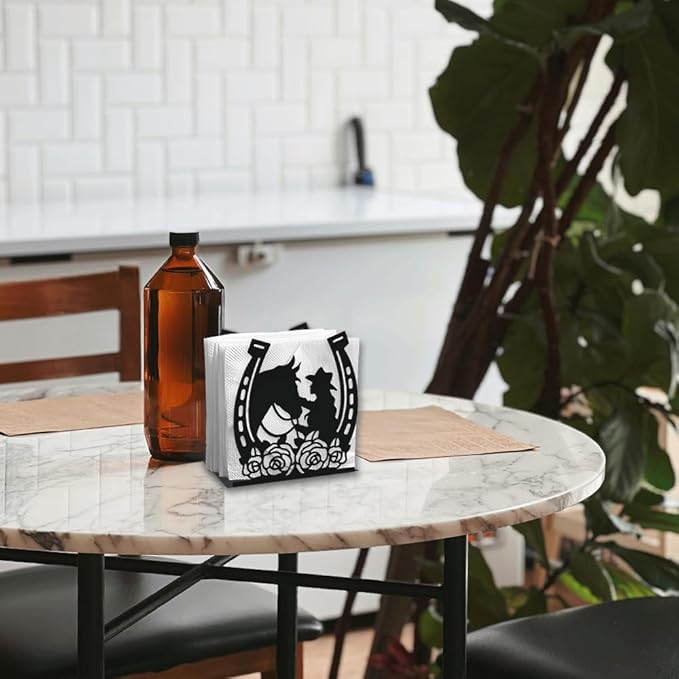 Cowgirl Horse Decorative Black Metal Napkin Holder for Table, 4.9" x 5.3" x 2" Flower Horseshoe Standing Napkin Holder for Home Kitchen Restaurant Picnic Party Coffee Bar Dining Room