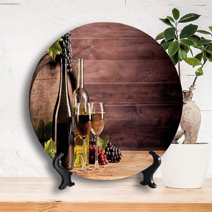 Ceramic Display Plate, Wine Ceramic Hanging Decorative Plate, Rustic Viticulture Concept, 8 Inch, Living Room Kitchen Decoration Household, Brown Green Light Brown
