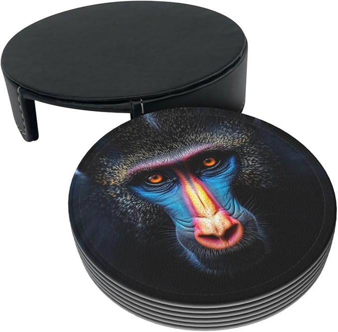Mandrill face Printed Leather Coasters for Drinks, Set of 6 Drink Coaster Dining Room Decor Cup Coasters