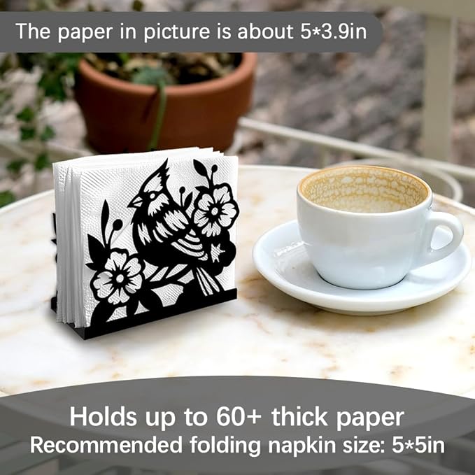 Cardinal Bird Decorative Black Metal Napkin Holder for Table, 4.9" x 4.5" x 1.9" Bird Flower Standing Napkin Holder for Home Kitchen Restaurant Picnic Party Coffee Bar Dining Room