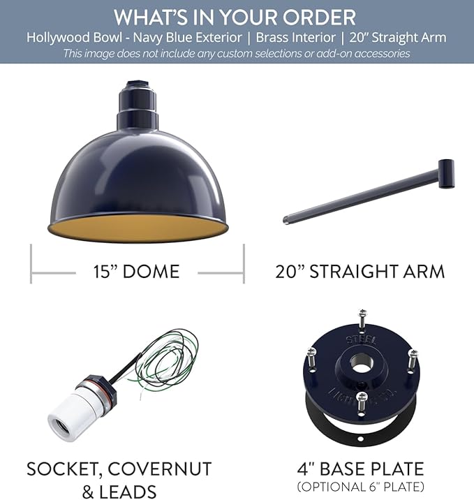 Steel Lighting Co. Hollywood Bowl Light | Outdoor Wall Mounted | 15 inch Bowl Dome | 20" Straight Arm | Barn Light Made in America | Navy Blue Exterior/Brass Interior
