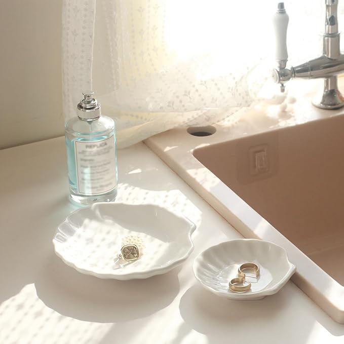 Shell Ring Dish Tray, Ceramic Jewelry Tray Trinket Dish, Seashell Key Holder Bowl, Beach Room Coastal Decor Aesthetic, Ocean Bathroom Counter Decor, White, Large