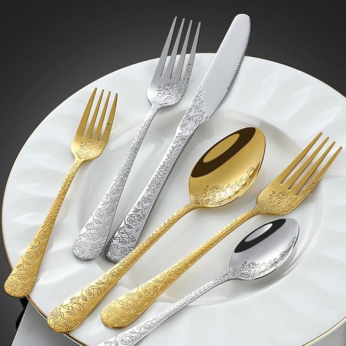 30-piece flowers TWEE Silverware Set for 6, Palace Style Stainless Steel Flatware Cutlery Serving Utensils, Eating Tableware for Home Kitchen Hotel Restaurant, Mirror Polished