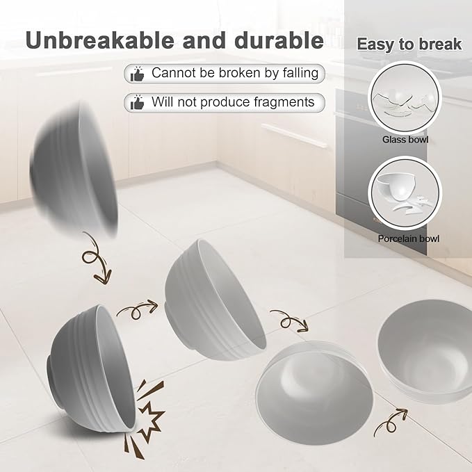12 Pcs Unbreakable Rice Bowls Set, 26 Oz Wheat Straw Bowls Set, Microwave & Dishwasher Safe Bowl for Kitchen, Reusable Plastic Bowl for Soup, Salad and Snack, BPA Free, White Gray