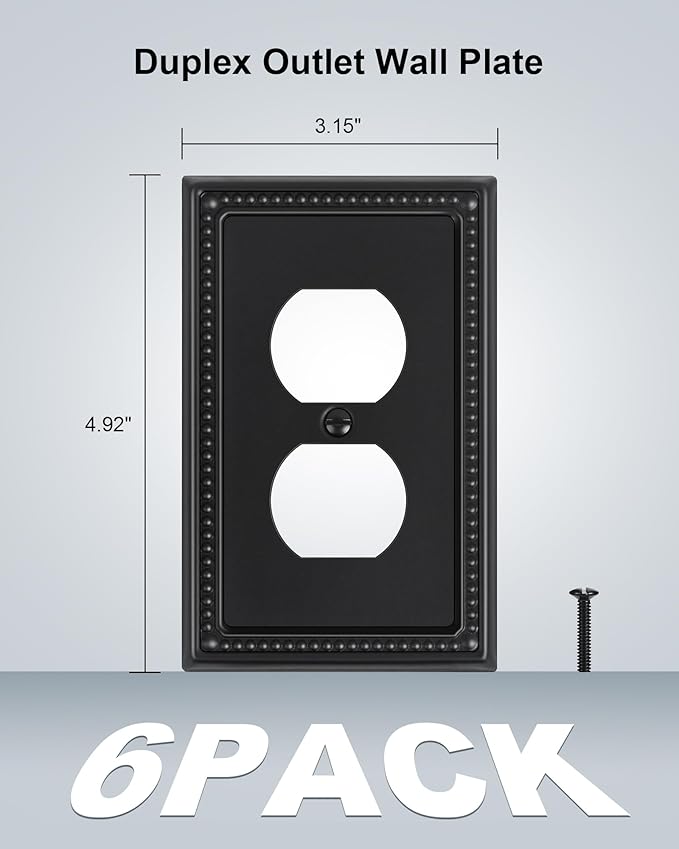 6-Pack Duplex Outlet Cover, Black Metal Wall Plates for Electrical Outlets, 1 Gang Receptacle Light Switch Cover, Pearls Beaded Decorative Switch Plates and Outlet Covers
