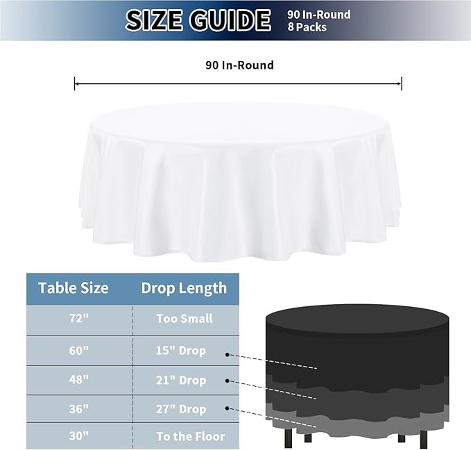 PureFit 8 Pack Round White Table Cloths 90 Inch for Round Tables, Stain and Wrinkle Resistant Table Linens for Home Use, Wedding, Party, Banquet and Camping