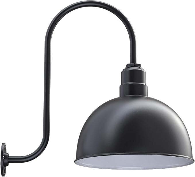 Steel Lighting Co. Hollywood Bowl Light | Outdoor Wall Mounted | 15 inch Bowl Dome | Upslope Gooseneck | Barn Light Made in America | Matte Black Exterior/White Interior