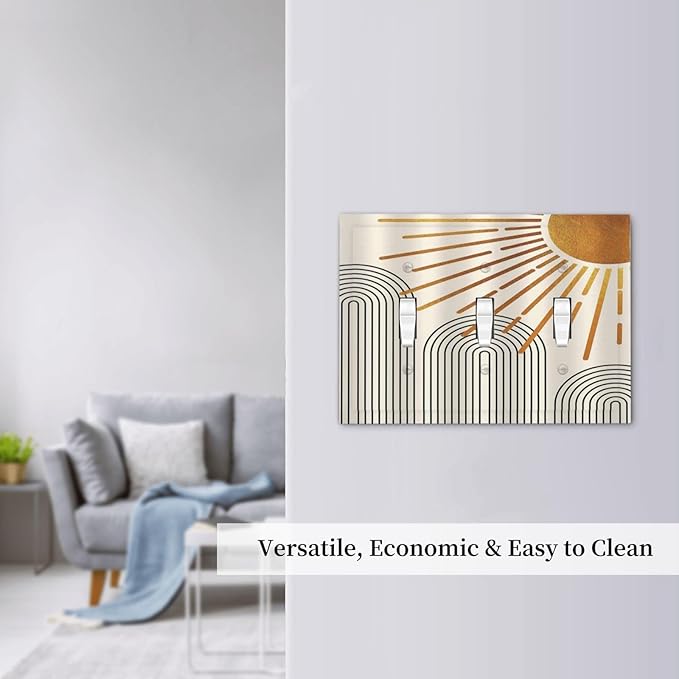 Light Switch Cover Mid Century Boho Sun Beige Minimalist Abstract 3 Gang Wall Plate Triple Light Switch Plate Toggle Decorative Outlet Covers Electrical Switchplate for Bathroom Bedroom Decor