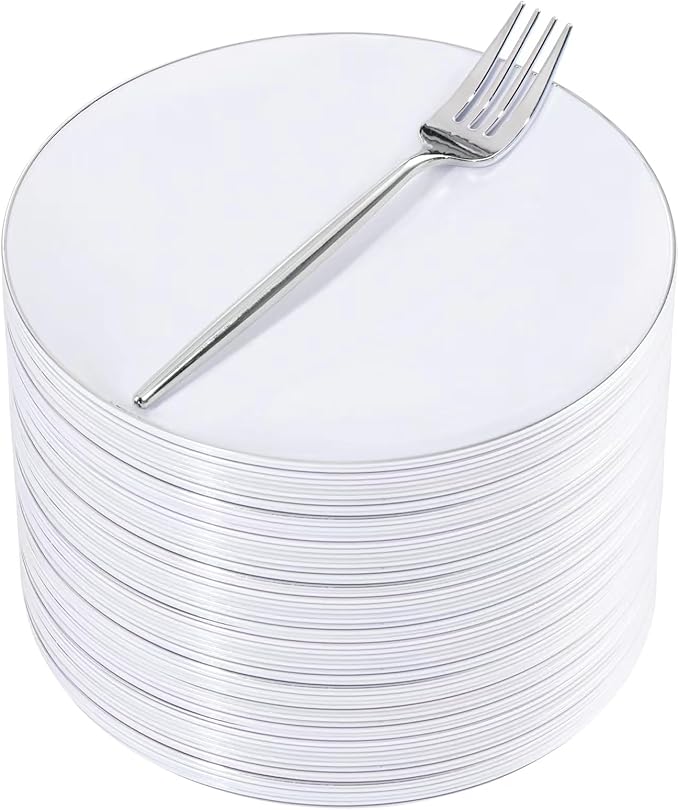 Rubtlamp 100Pcs Plastic Dessert Plates 7.5inch,100Pcs Disposable Silver Forks,White Plastic Plates With Silver Rim, Small Plastic Plates,Dessert Plates With Forks for Appetizer Cake