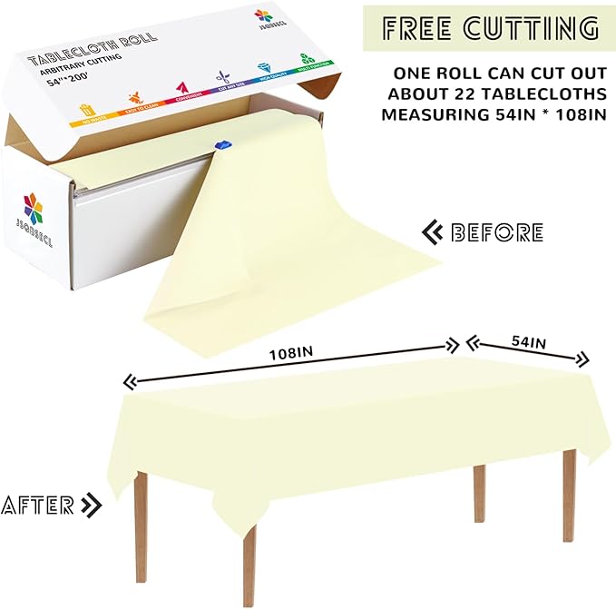54 Inch X 200 Feet Plastic Table Cover Roll with Convenient Slide Cutter, Disposable Plastic Table Cloth Roll with Cut-to-Size Design for Weddings, Banquets, Parties (Beige)