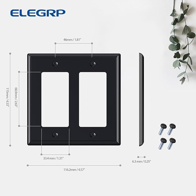 ELEGRP 2-Gang Decorative Wall Plates, Standard Size 4.53" H x 4.57" L Unbreakable Thermoplastic Faceplate Cover for Decorator Receptacle Outlet Switch, UL Listed (1 Pack, Glossy Black)