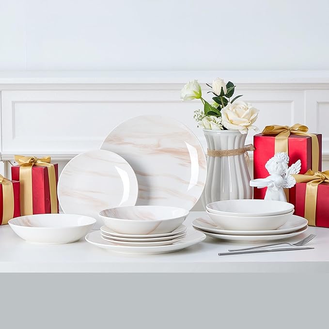 Bestone 12 Pieces Round Kitchen Dinnerware Sets,Plates and Bowls sets,Dishes, Plates, Bowls, Dish Set，Plates and Bowls,Service for 4, Orange and White Marble