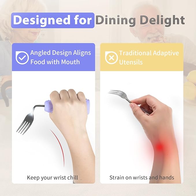 Adaptive Utensils Angled Spoon and Fork for Hand Tremors Parkinsons,Weighted Utensils with Non-Slip Easy Grip Handles for Independent Eating (1pcs Knife+1pcs Fork+1 pcs Spoon,Purple,Right Hand)