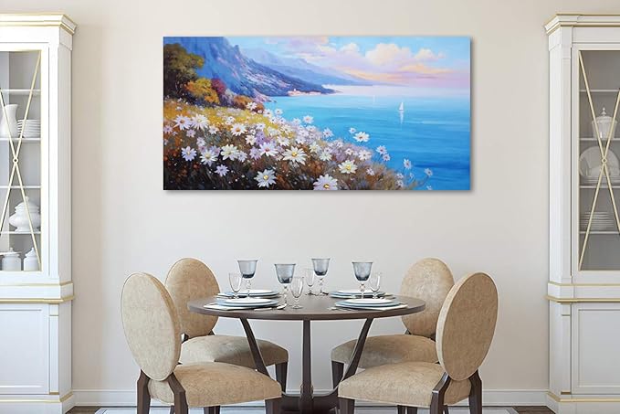 Anolyfi Coastal Landscape Wall Art Nature Flower Mountain Canvas Painting Blue Ocean Seascape Picture, Textured Artwork Large Framed for Living Room Bedroom Bathroom Kitchen Office Home Decor 40"x20"