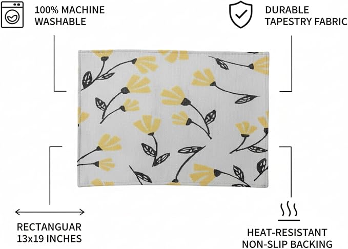 DaDa Bedding Yellow Fleur Floral Botanical Dining Table Placemats - Set of 4-Pieces Tapestry Spring Time Golden Orange Floral Garden Design - Decorative Cotton Linen Woven Kitchen Mats - 13” x 19”
