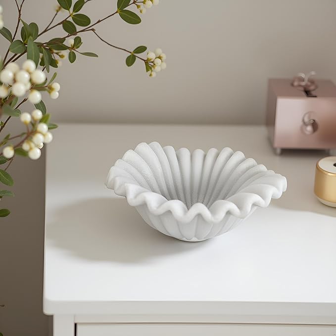 Small Decorative Bowl decor, Scalloped Pedestal Bowls for Modern Home Decor,Ruffle Decor,Stylish Key Bowl for Entry Table,Decorative Fruit Bowl for Kitchen Counter,Artificial Stone Milky White