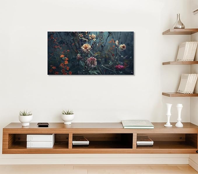 ADJUVANT Wall Art Impressionist Floral 40"L x 20"W, Dark Toned Blossoms With Lush Foliage Canvas Painting Enchanting Flowers Artwork Prints Floral Wall Decor for Living Room Bedroom Study Home Office