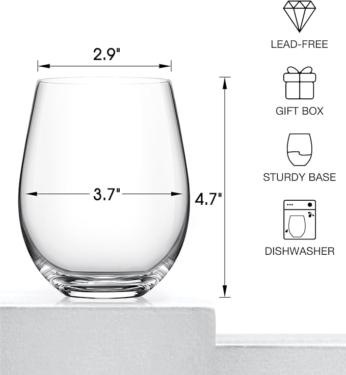 LUNA & MANTHA Stemless Wine Glasses Set of 2, 18oz Crystal Red White Wine Glasses for Daily Use, Hosting, Home Bar, Evening Party, Birthdays, Shower, Housewarming Gift, Clear