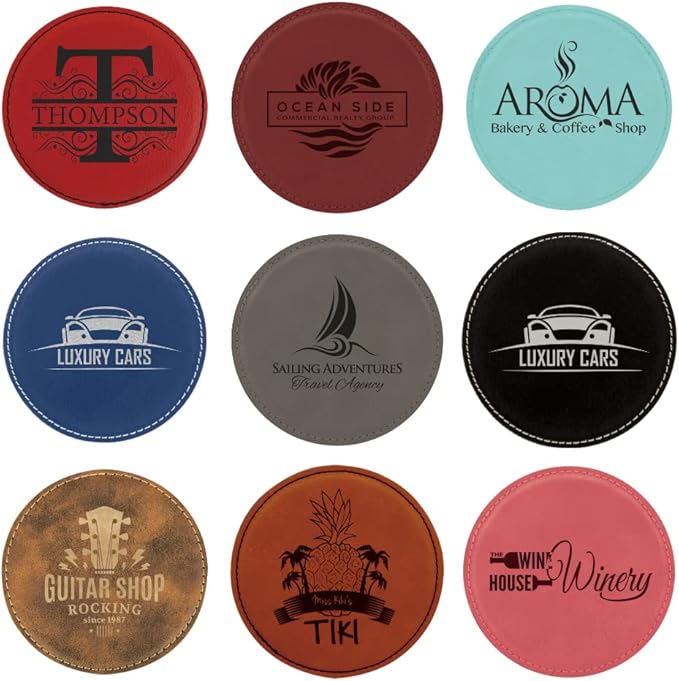 Custom Engraved Coasters | Personalized Leather Coaster | Set of 6 | Drink Coasters with Holder | Laser Engraved | Tabletop Protection | Gift for Couples (Round 4", Rustic w/Gold)