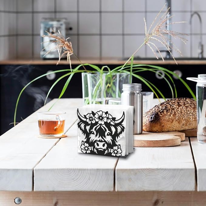 Highland Cow Decorative Black Metal Napkin Holder for Table, 5.3" x 4.8" x 2" Animal Flower Standing Napkin Holder for Home Kitchen Restaurant Picnic Party Coffee Bar Dining Room