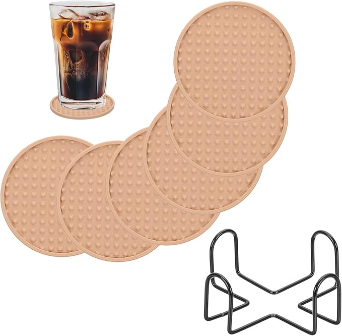 uxcell Set of 6 Round Drink Coasters with Holder, 4" Silicone Coaster for Drinks Non-Slip Cup Coaster Heat Resistant Glass Cushion for Bar Kitchen Office Decor, Beige(Pentagon)
