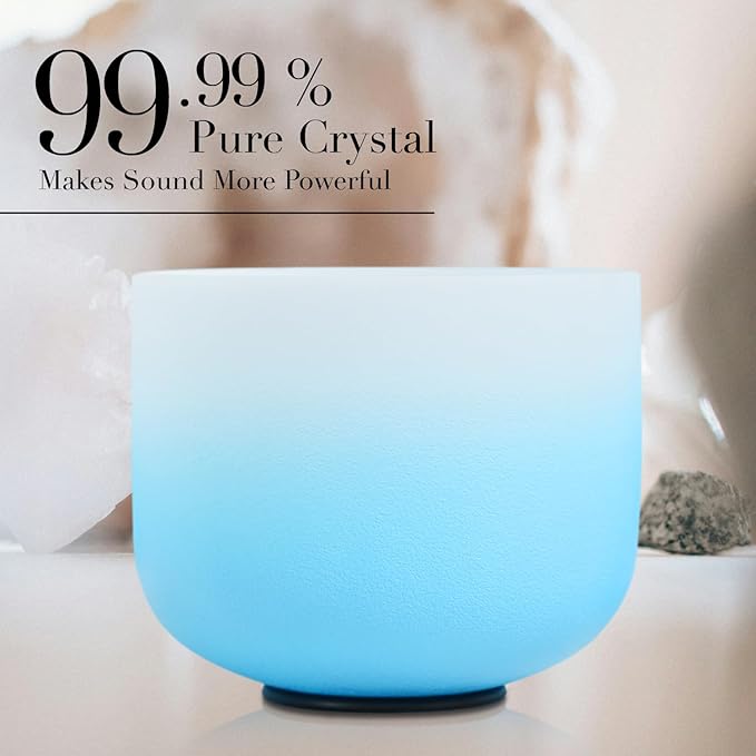 CVNC 432HZ 6-12 Inch Azure Blue Color Aria Gradient Design Frosted Quartz Crystal Singing Bowls Chakra Set of 7 with Carry Case Bags for Sound Healing and Meditation