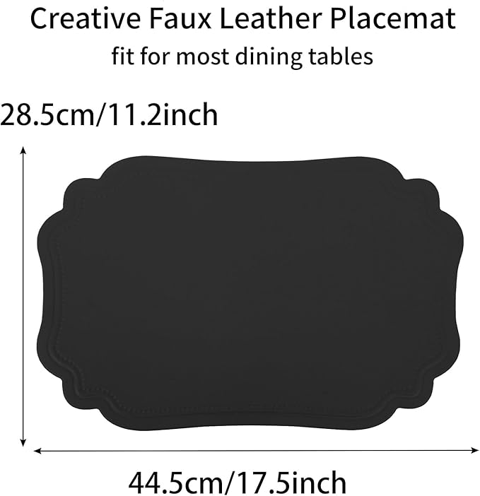 Black Faux Leather Placemats Set of 6,Waterproof PU Placemat for Dining Table,Wipeable Eco-Friendly Kitchen Table Mats Heat Resistant Anti Slip Washable,Modern Table Protectors