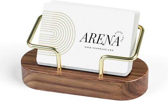 Business Card Holder for Desk, Minimalist Wooden Desk Organizer with Brass Metal Frame, Stylish Office & Home Decor for Professional Card Display(Walnut Oval)