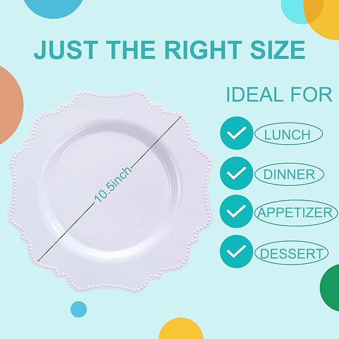 COLOSUS 100pcs 9.5 Inch-White Plastic Dinner Plates, Fancy White Plastic Plates,Heavy Duty Disposable Dinner Plates for Party Thanksgiving and Everyday Use