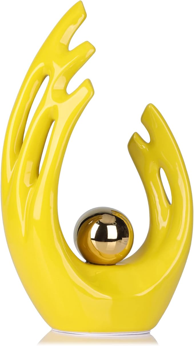12"H Yellow Gold Aesthetic Room Decor Accent, TV Stand Funky Table Centerpiece, Abstract Art Ceramic Statue and Sculpture, Yellow Decor for Living Room, Bookshelf Decorative Objects, Shelf Decor