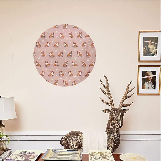 Ceramic Display Plate, Dog Lover Ceramic Hanging Decorative Plate, Cute Little Corgi Jumping Running and Standing, 10 Inch, Living Room Kitchen Decoration Household, Coral Orange White