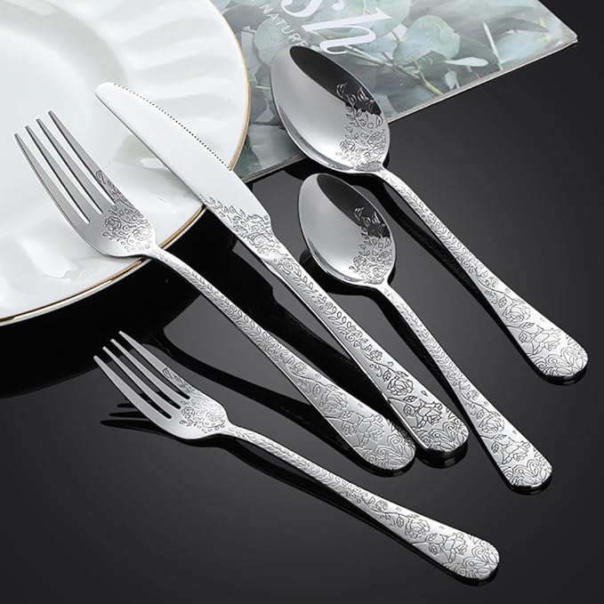 60-piece flowers TWEE Silverware Set for 12, Palace Style Stainless Steel Flatware Cutlery Serving Utensils, Eating Tableware for Home Kitchen Hotel Restaurant, Mirror Polished