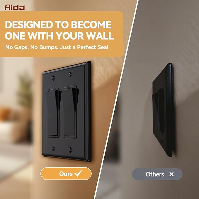 AIDA 2-Gang Decorative Wall Plates, 4.88" H x 4.94" L - Unbreakable Thermoplastic Faceplate Cover for Outlets and Switches, UL Listed - (10 Pack, Glossy Black)