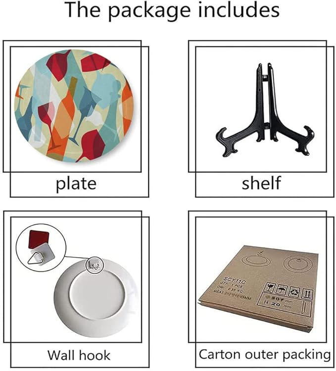 Ceramic Display Plate, Wine Ceramic Hanging Decorative Plate, Modern Design Colorful Glasses Bottles Fun, 6 Inch, Living Room Kitchen Decoration Household, Pale Blue Ruby Orange