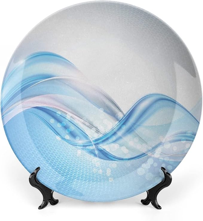 Ceramic Display Plate, Abstract Ceramic Hanging Decorative Plate, Modern Wavy Ocean Surfer Summertime Themed, 10 Inch, Living Room Kitchen Decoration Household, Pale Blue and White