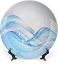 Ceramic Display Plate, Abstract Ceramic Hanging Decorative Plate, Modern Wavy Ocean Surfer Summertime Themed, 6 Inch, Household Custom Ceramic Plate, Pale Blue and White