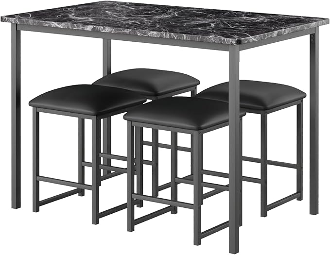 VECELO Kitchen Table and Chairs for 4, Dining Room Set with PU Chairs/Stools, Heavy-Duty Metal Frame, Faux Marble Tabletop, Space-Saving Design for Small Spaces, Easy Assembly, Veined Black