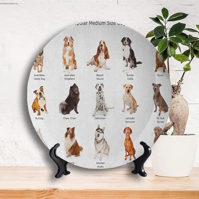Decorative Plates, Dog Print Ornament, AGroup of Different Puppy Breeds Family Type Species, 8 Inch, Kitchen Wall Decor, Multi