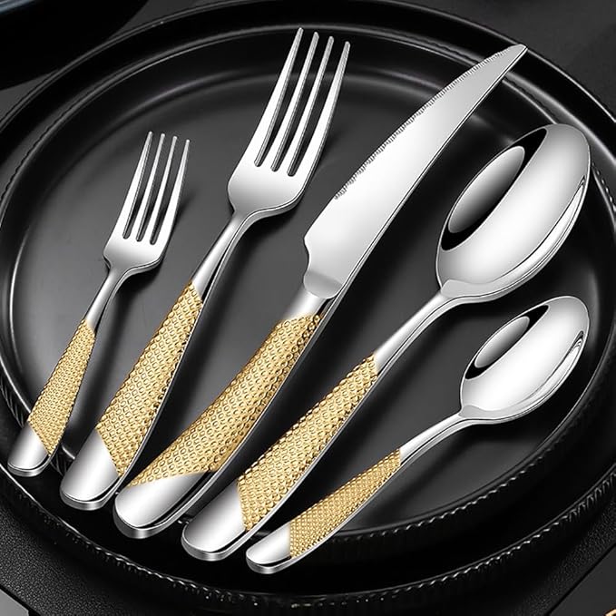 20-piece Luxury Gold-plated TWEE Silverware Set for 4 Palace Style Stainless Steel Flatware Cutlery Serving Utensils Eating Tableware for Home Kitchen Hotel Restaurant Mirror Polished