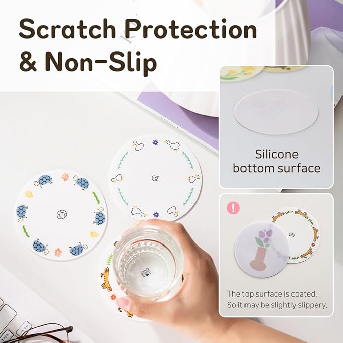 FLT Silicone Colorful Coaster Set of 3, Non-Slip Drink Mat, Cute and Unique Printed Design (Made in Korea) (Pastel - Vase)