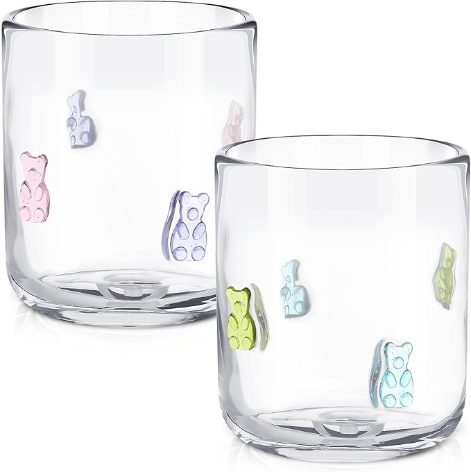 Icon Juice Glasses, 14oz Stemless Wine Drinking Juice Glass Cup for Valentine Party Supplies Gift(2 Pcs,Candy Bear)