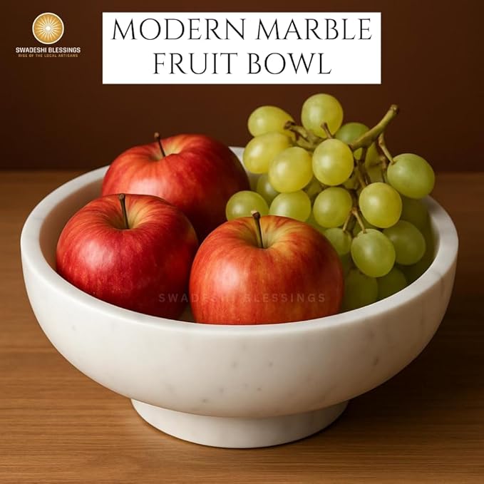 SWADESHI BLESSINGS Handcrafted Marble Fruit Bowl for Kitchen Counter, Large Decorative Bowl for Home Decor, Key Bowl for Entryway Table, Marble Pedestal Bowl for Dining Table Centerpiece Decor, 10.5”